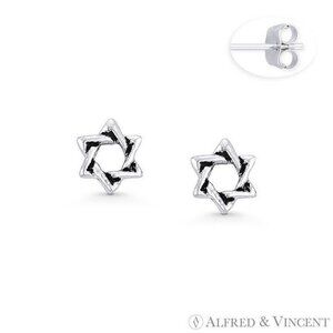 Star of David Jewish Charm Stud Earrings in Oxidized .925 Sterling Silver
